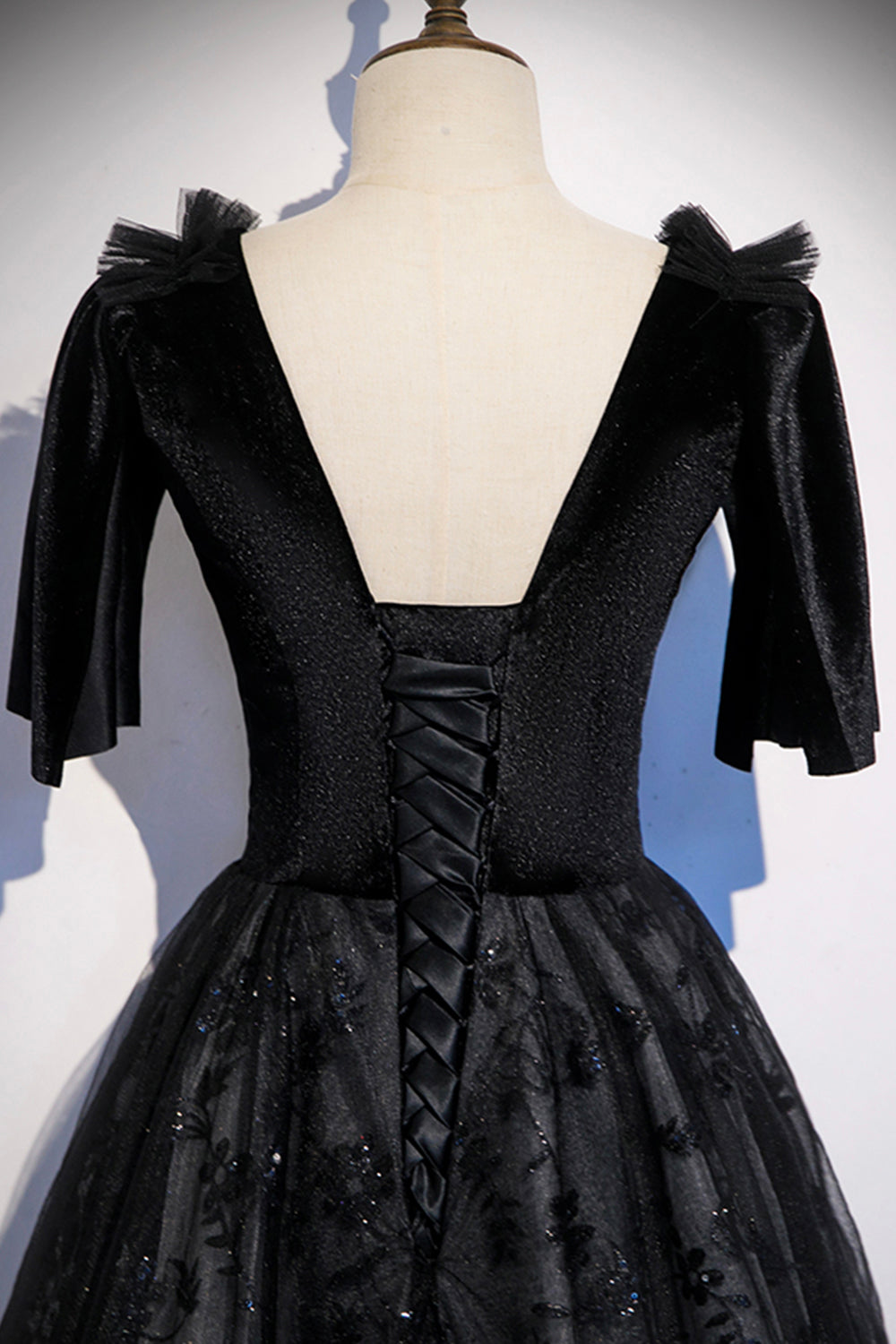 Black velvet lace long prom dress evening dress s103