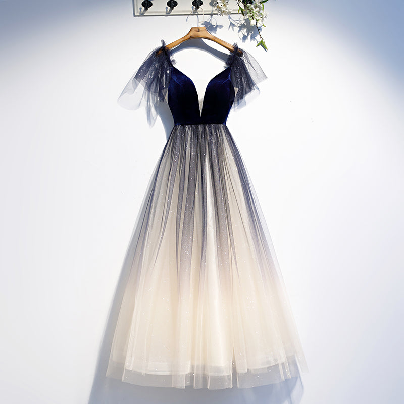 Blue v neck velvet top tulle short homecoming dress s98
