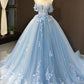 Blue lace applique elegant off the shoulder ball gown Y1578