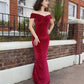 Dark red Velvet off the Shoulder evening Prom Dress Y1561