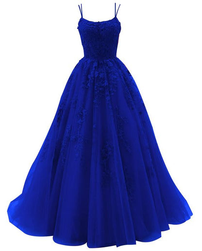 Royal Blue Spaghetti Strap Prom Dress Ball Gown Lace Appliques Wedding Tulle Long Dress Princess Formal Evening Dress Y1905