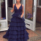 Dark Navy Prom Dresses,A-line Tiered Tulle Formal Prom Dress Y1916