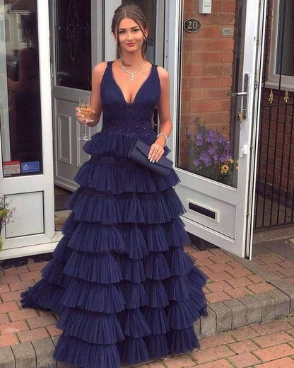 Dark Navy Prom Dresses,A-line Tiered Tulle Formal Prom Dress Y1916