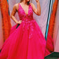 A-line V Neck Tulle Prom Dress,Hot Pink Graduation Dress Y1865