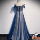 Shiny tulle sequins long prom dress blue evening dress s102
