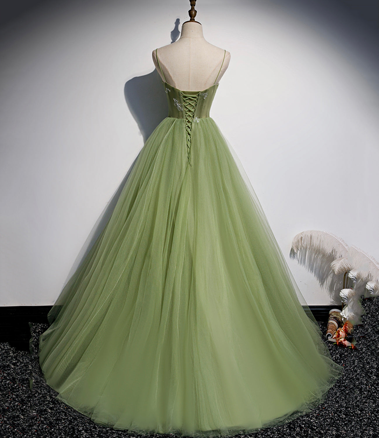 Green tulle long prom dress A line evening dress s56