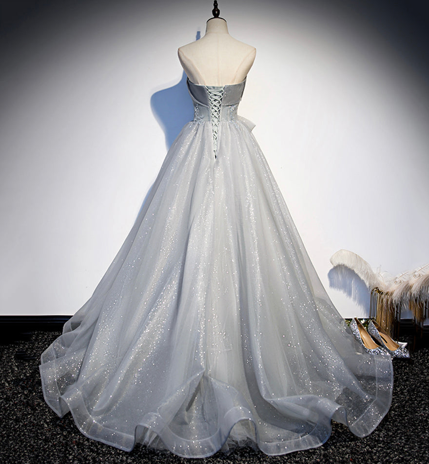 Gray tulle sequins long prom dress formal dress s81