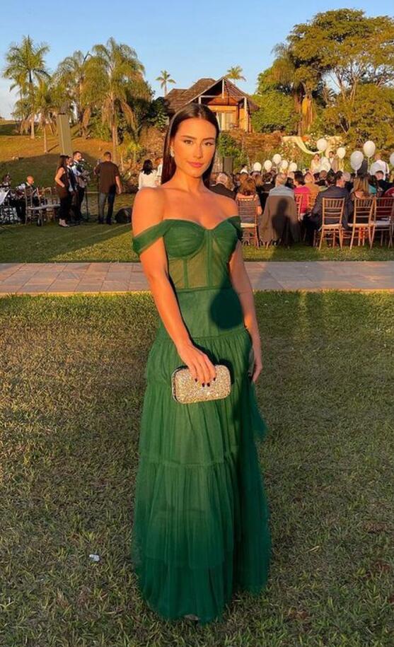 Off the Shoulder A Line Green Tulle Prom Dresses Y1302