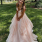 Pink spaghetti straps a line prom dress,layered evening gown,sparkle prom long dress Y1303