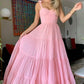 Sweet Pink Chiffon Long Prom Dresses,A-Line Evening Gown,Pleated Ruffles Party Dresses Y1317
