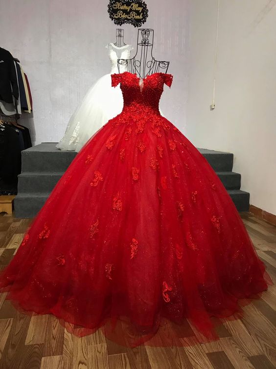 Red Off The Shoulder Lace Tulle Ball Gown Sweet 16 Dress Y1274