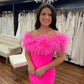 Hot Pink Mermaid Feather Neckline Off the Shoulder Formal Dress Elegant Hot Pink Prom Dress Y1311