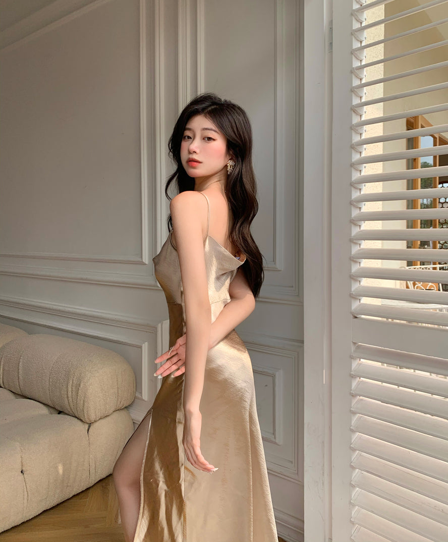 Silver/Golden Satin Spaghetti Strap Sexy Prom Dress,Bridesmaid Dress Y1345