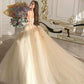 Gorgeous Off Shoulder Champagne Lace Floral Prom Dress, Long 3D Flower Champagne Formal Evening Dress, Champagne Ball Gown S20716