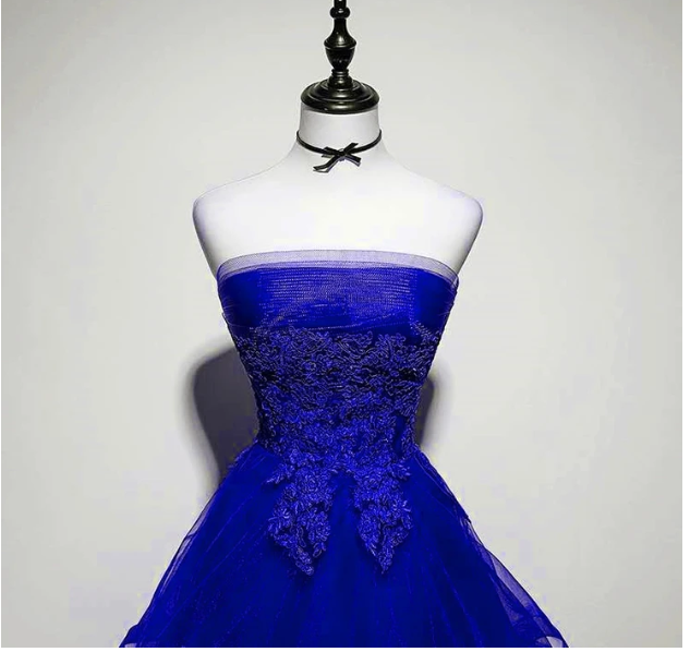 Royal Blue Tulle with Lace Applique High Low Party Dress, Blue Homecoming Dress Y671