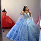 Light Blue Quinceanera Dresses Flowers Ball Gown Off Shoulder Lace Appliques 3d Floral Crystal Beads Long Sleeves Sweet 16 Dress Y759