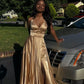 A Line V Neck Gold Sleeveless Satin Long Prom Dress,Formal Gown Y760