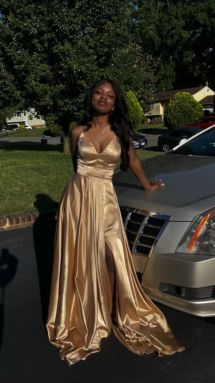 A Line V Neck Gold Sleeveless Satin Long Prom Dress,Formal Gown Y760