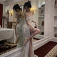 Bateau Capped Mermaid Sweep Train Split Front Sequins Luxury Evening Dress Y1139