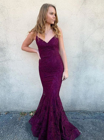 Mermaid Beaded Prom Dress,Lace Maroon Long Evening Dresses Y935