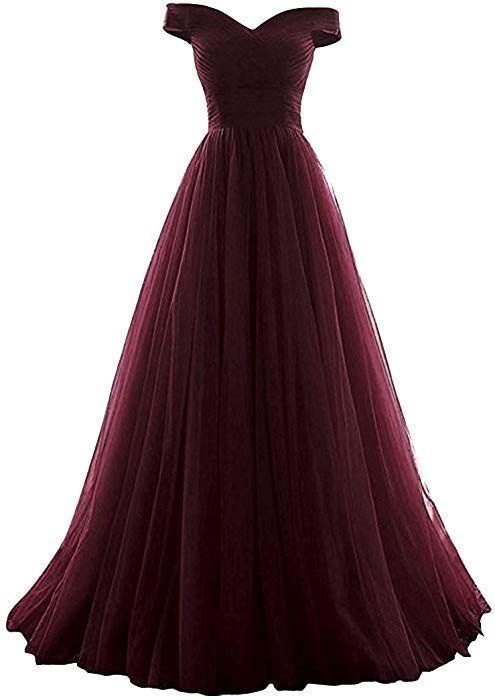 Off The Shoulder Tulle Burgundy Long Prom Dress Y922