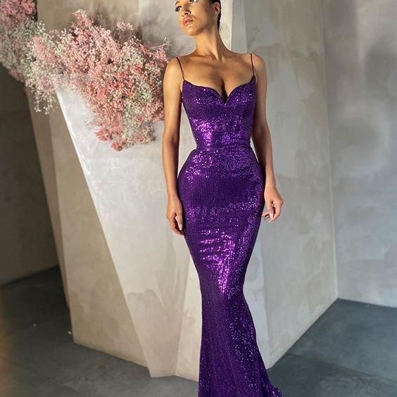 Purple Spaghetti Straps Sequin Long Evening Dresses Y994
