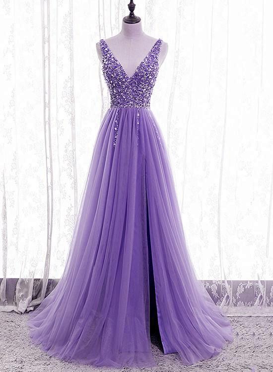 Purple Beaded V-neckline Tulle Sparkle Party Dress Evening Dress, Purple Tulle Prom Dress Y1008