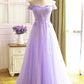 A-line Tulle Light Purple Off Shoulder Long Prom Dress, Lace Applique Evening Dress Y918