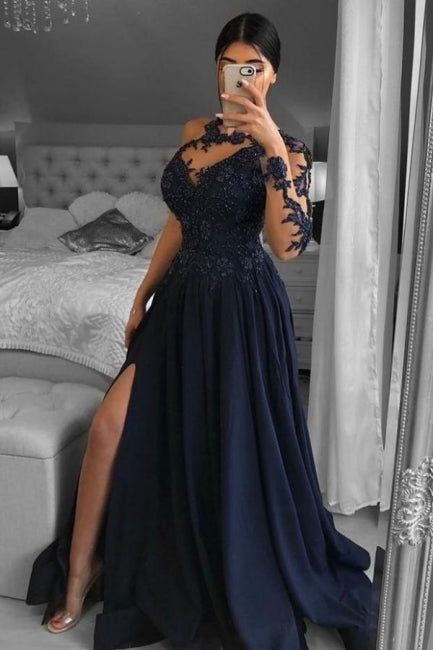 Unique One-shoulder Long-Sleeve A-Line Floor-Length Chiffon Prom Dresses with Appliques Y1136