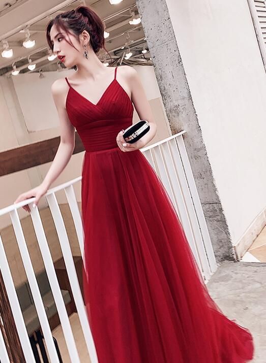 Wine Red Simple Low Back Straps Tulle Prom Dress,  Formal Dress Y772