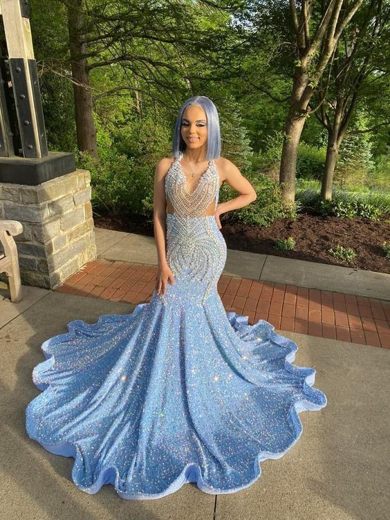 18 birthday outfit evening dress custom made black girl mermaid blue prom gowns  Y887