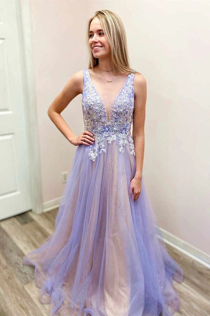 A-Line V-Neck Sleeveless Tulle Long Prom Dress With Lace Y915