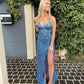 Sparkly Mermaid V Neck Spaghetti Straps Blue Sequins Long Prom Dress With Slit Y929