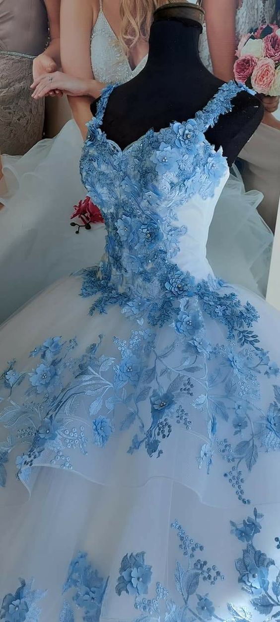 Winter Wonderland Blue Flowers And White Tulle Ball Gown,Sweet 16 Dress Y758