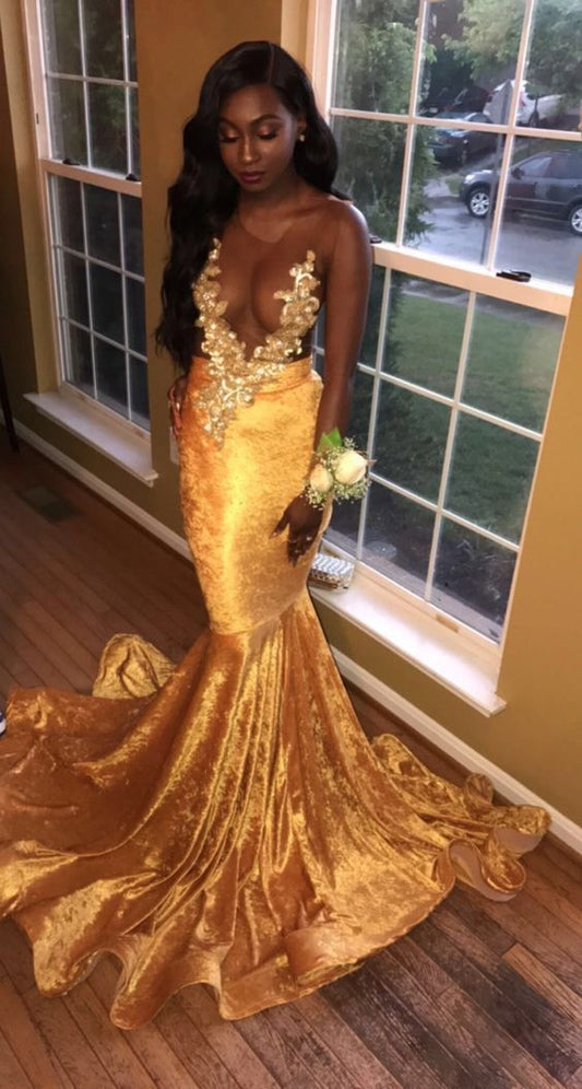 Newly Gold Transparent Velvet Long Train With Appliques Prom Dresses Y891
