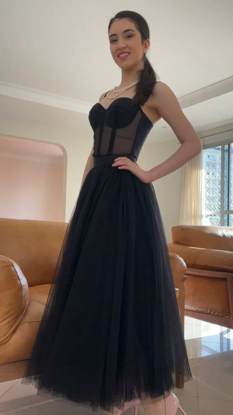 Classy A-line Straps Black Tulle Prom Dress,Black Formal Gown Y1070