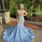 18 birthday outfit evening dress custom made black girl mermaid blue prom gowns  Y887