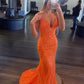 Orange Mermaid V Neck Spaghetti Straps Evening Dress ,Charming Prom Gown Y843