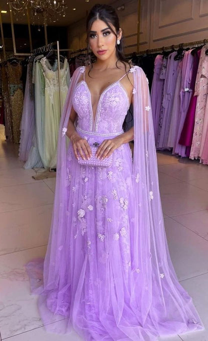A-line Lavender Lace Tulle Prom Dress,Charming A-line Evening Dress Y1022