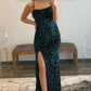 Spaghetti Straps Emerald Green Mermaid Long Prom Dresses, Emerald Green Mermaid Long Formal Graduation Dresses With Split Y849