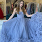 Charming Blue Strapless Tulle Evening Dress With Bottom Ruffles,Generous Blue Evening Gown  Y812