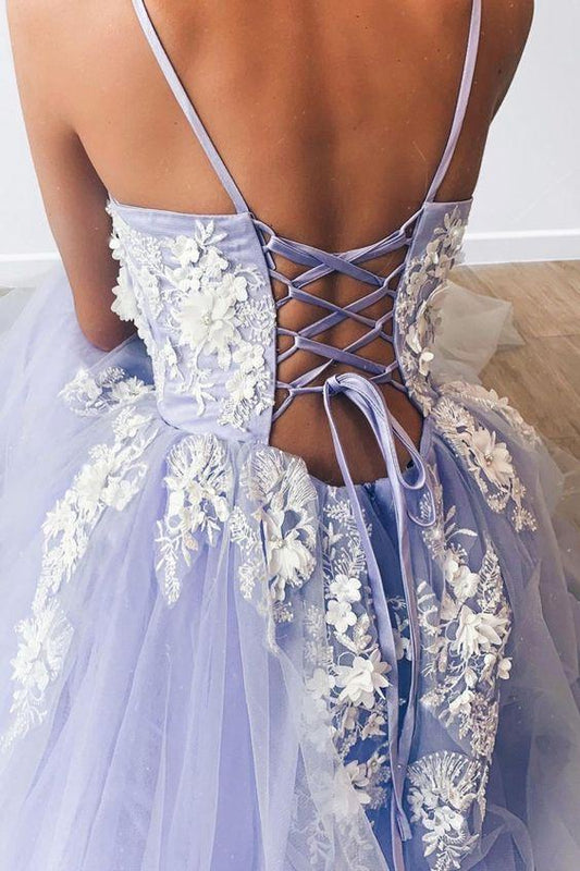 Lavender Tulle Applique Spaghetti Straps Long Dress Tulle Prom Dress Y889