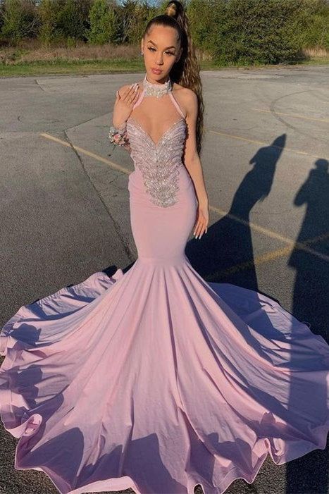 Halter Sweetheart Beading Sleeveless Floor-length Mermaid Prom Dresses Y870