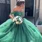 Charming Off The Shoulder Green Tulle Lace Princess Dress,Green Ball Gown Y1118