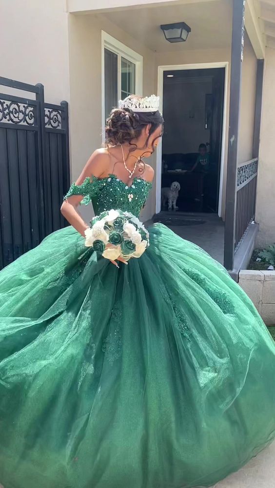 Charming Off The Shoulder Green Tulle Lace Princess Dress,Green Ball Gown Y1118