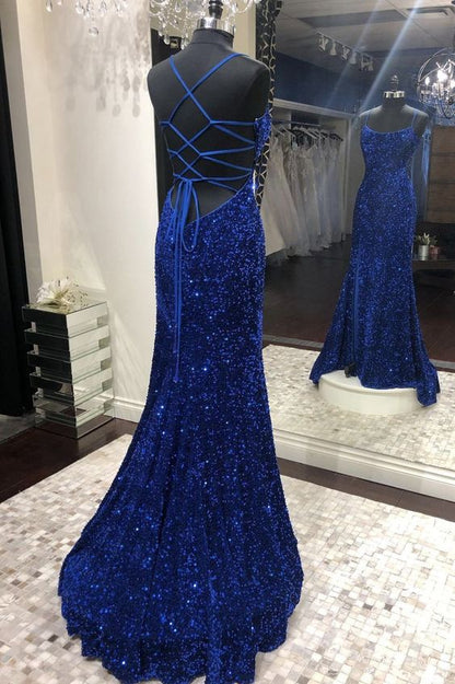 Mermaid Sequins Long Prom Dresses, Blue Backless Evening Dresses Y1003