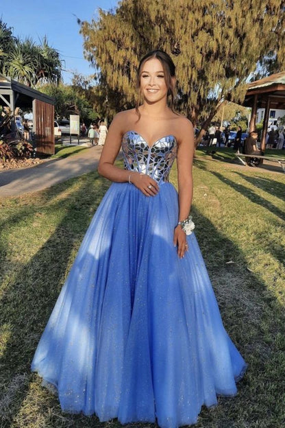 Blue Tulle Sequins Long Prom Dresses, A-Line Strapless Evening Dresses Y944