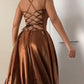 Brown V Neck Criss-Cross Back Spaghetti Strap Evening Dress Y799