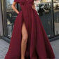 Burgundy v neck satin off shoulder long prom dress burgundy evening dress Y840