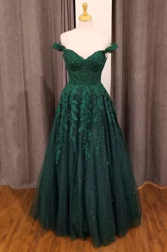 Hunter Green Floral Appliques Off-the-Shoulder A-Line Prom Dress Y1834